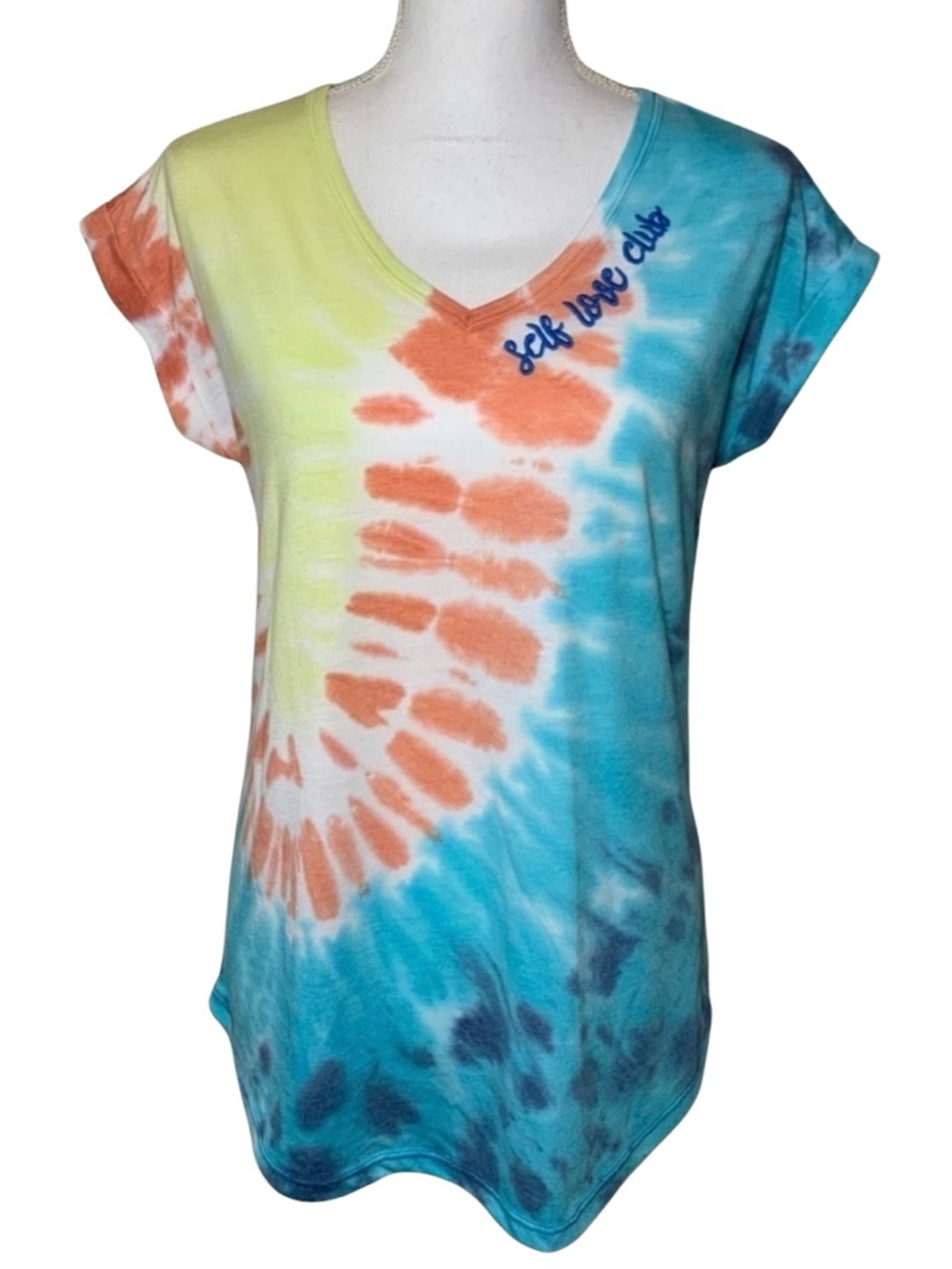Style & Co Boho Tie Dye Self Love V- Neck Short Sleeve T-Shirt Women Small